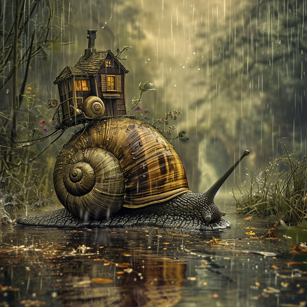 Giant snail with house in rain