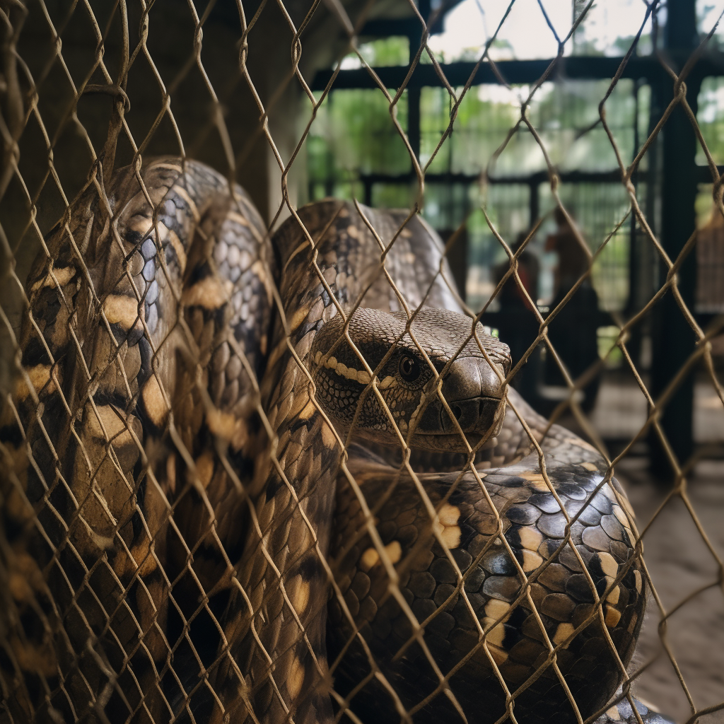 Closeup of a cage with a giant snake