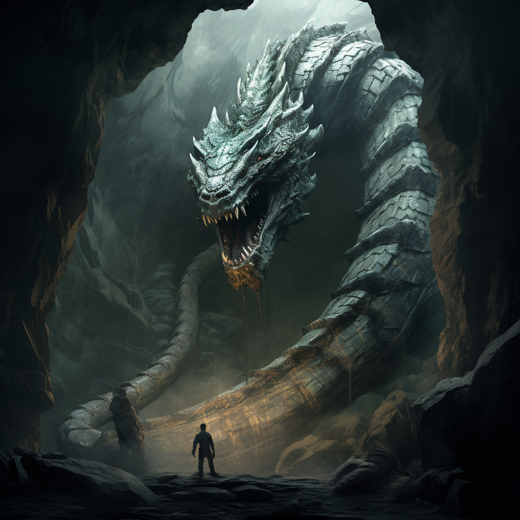 Massive snake-like leviathan striking cave wall