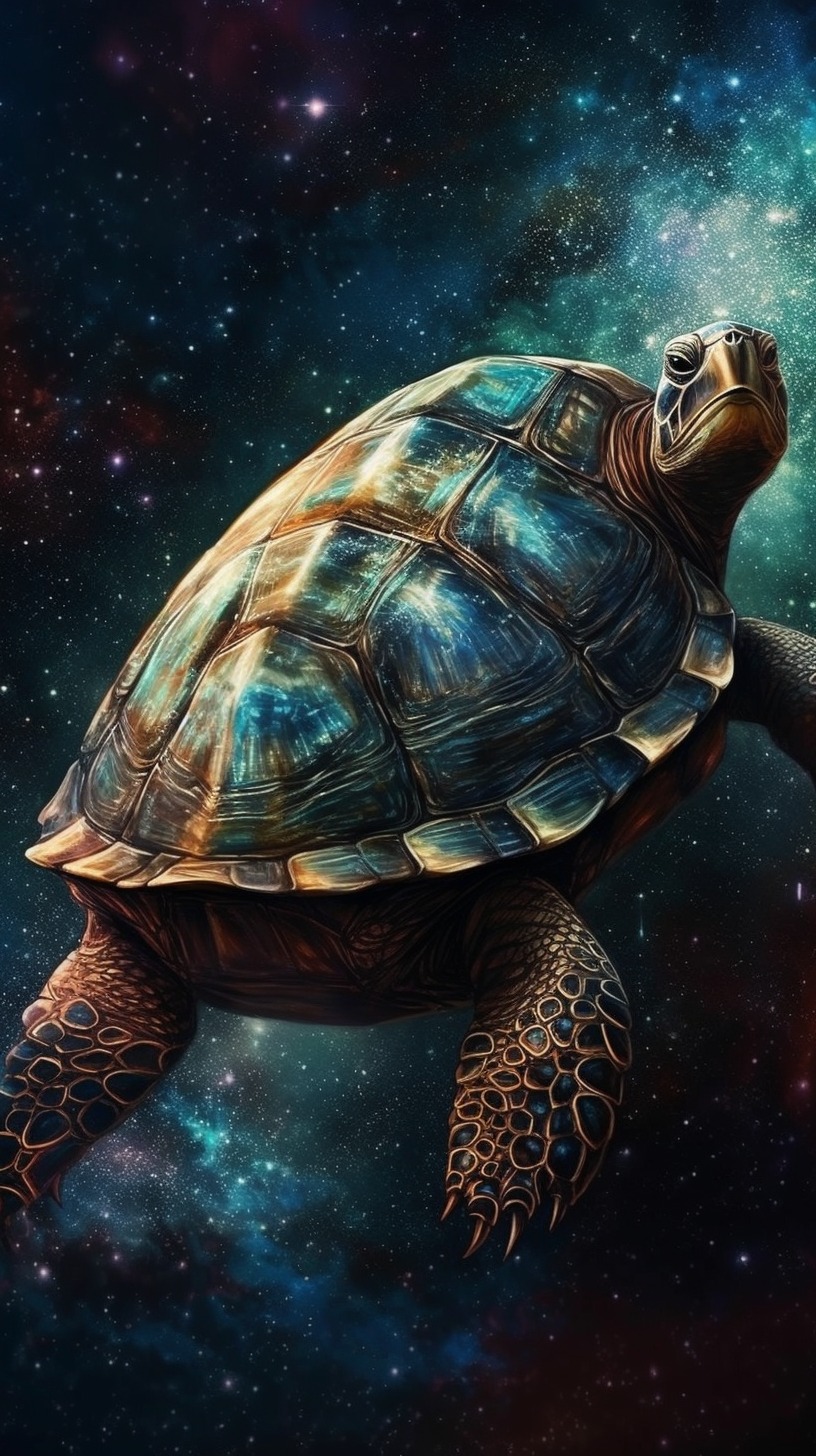 Giant space turtle with planetary shell swimming through space