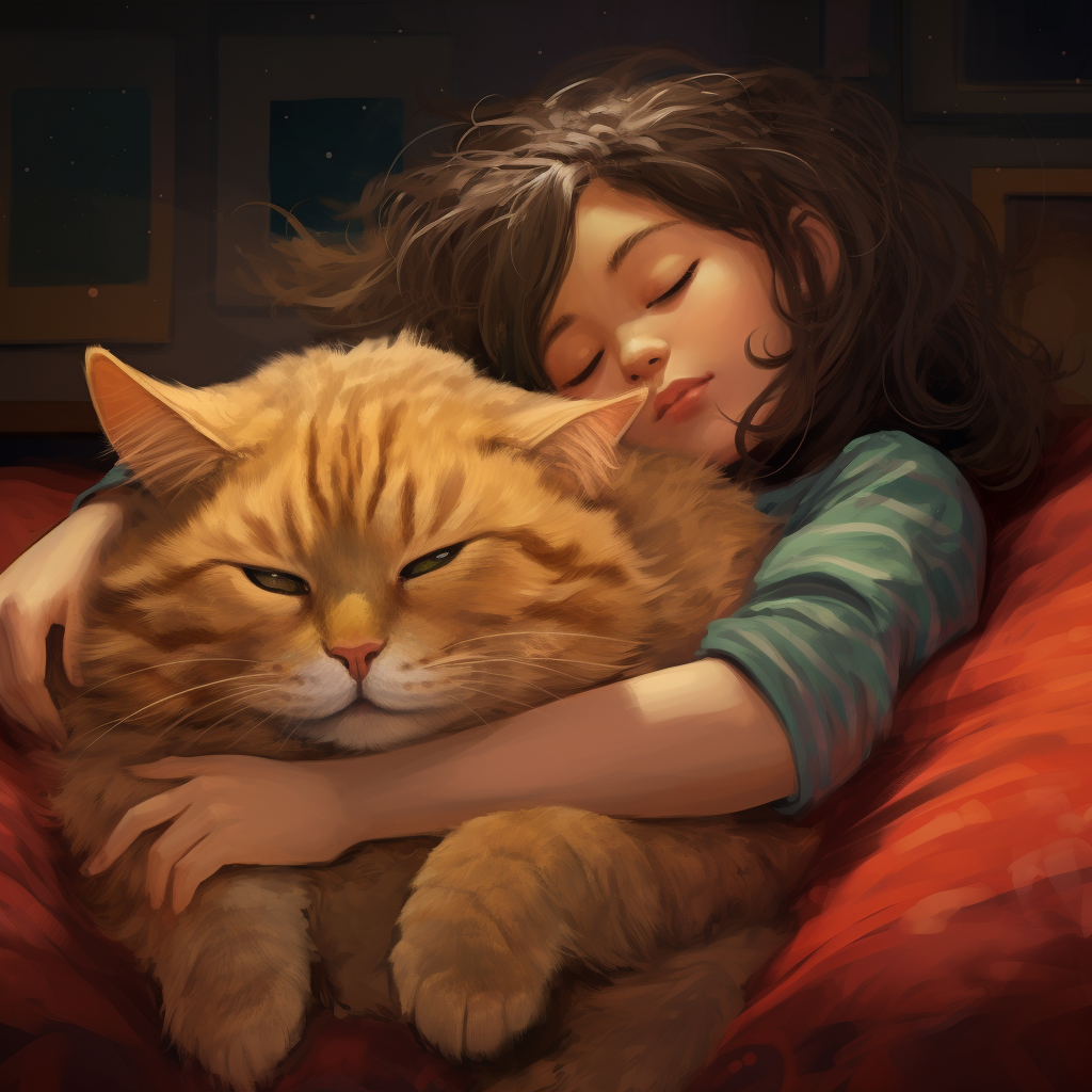 Sleeping Girl in Lap of Giant Tabby Cat