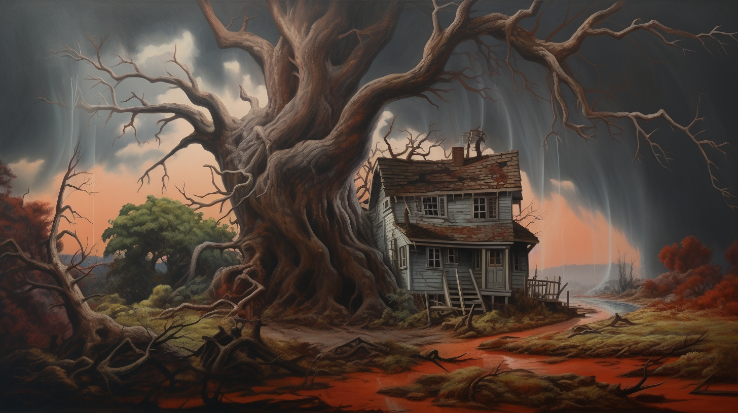 Beautiful oil painting of a giant tree falling on a small house