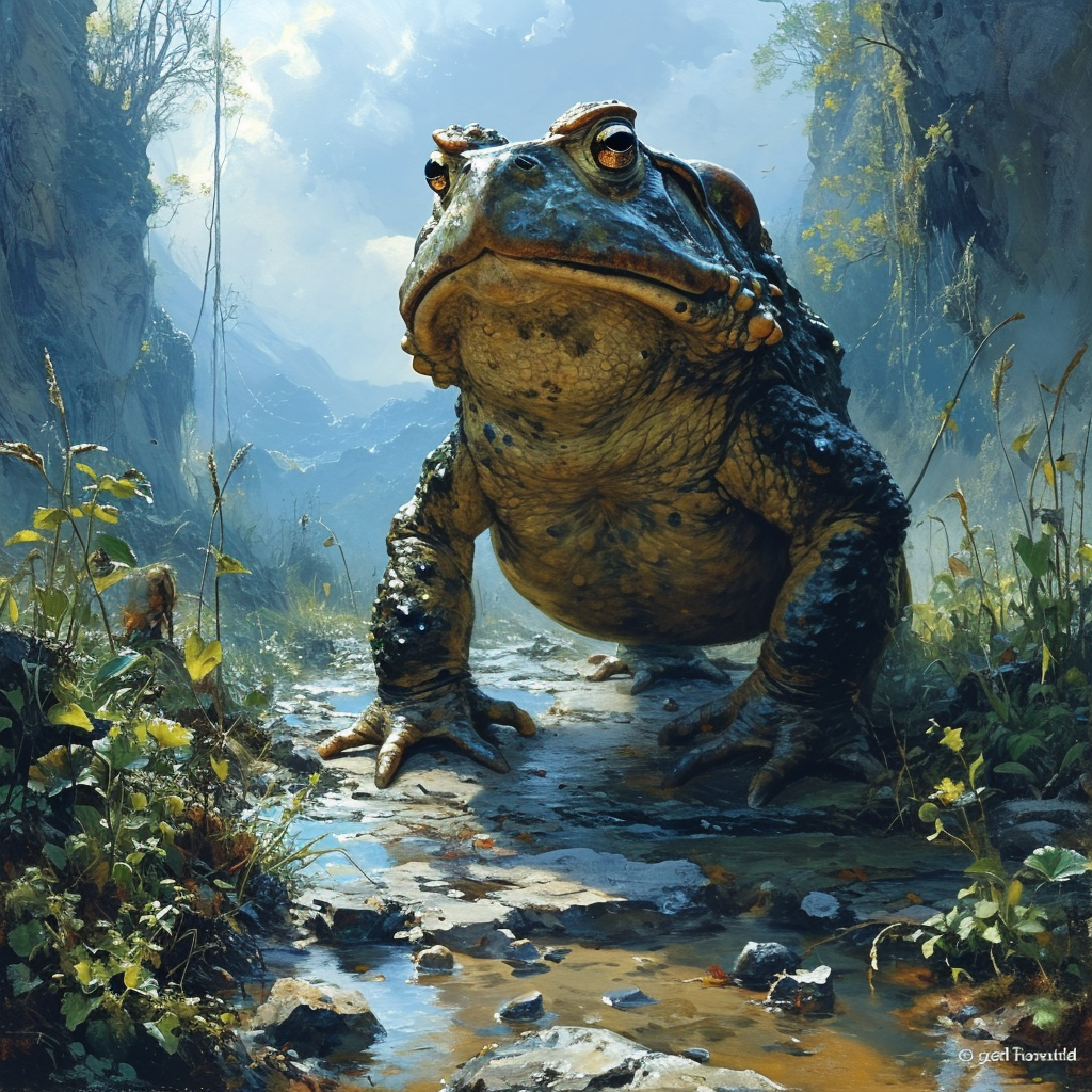 Giant toad fiercely smashing ground with hammer