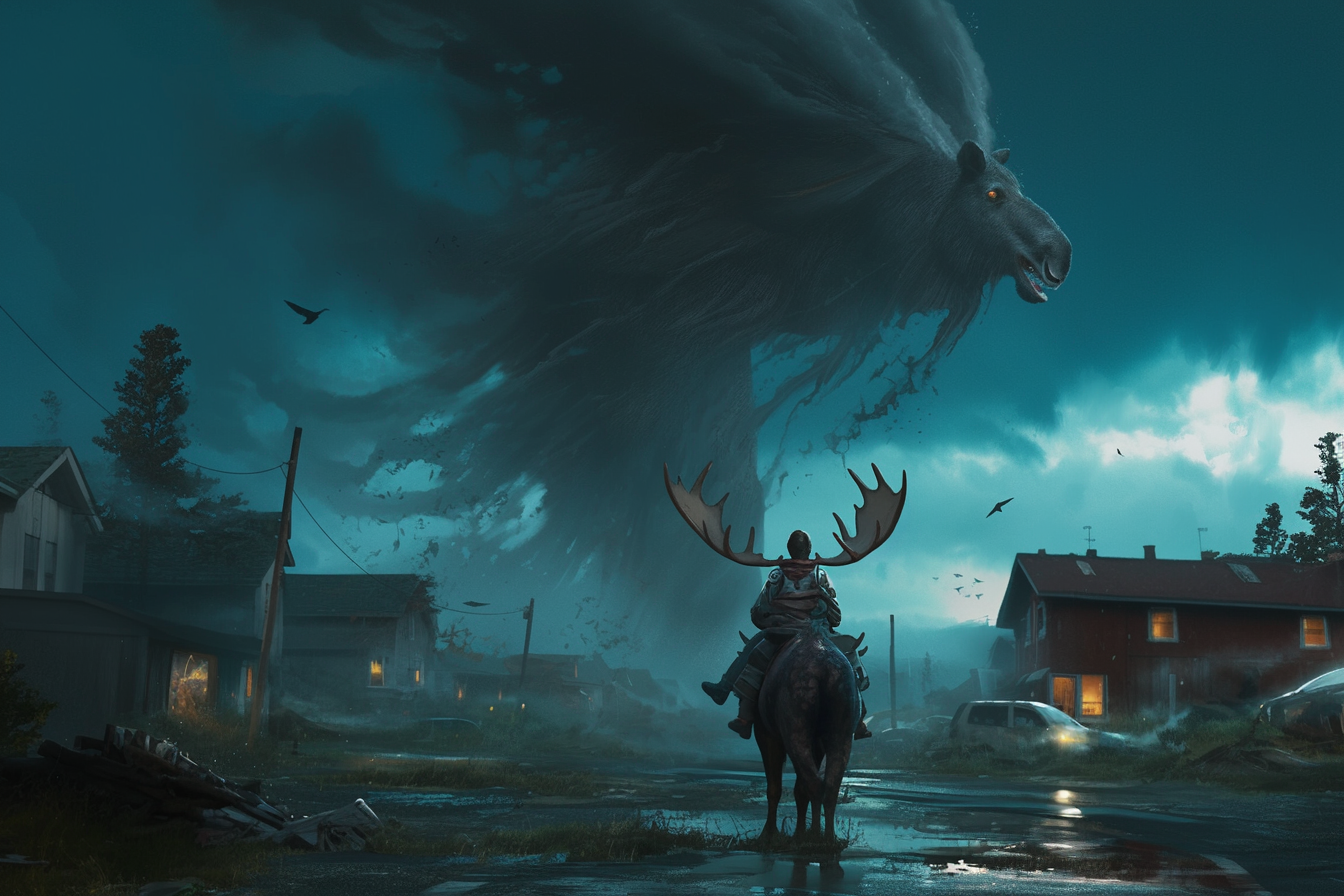 Woman Riding Moose Tornado Town