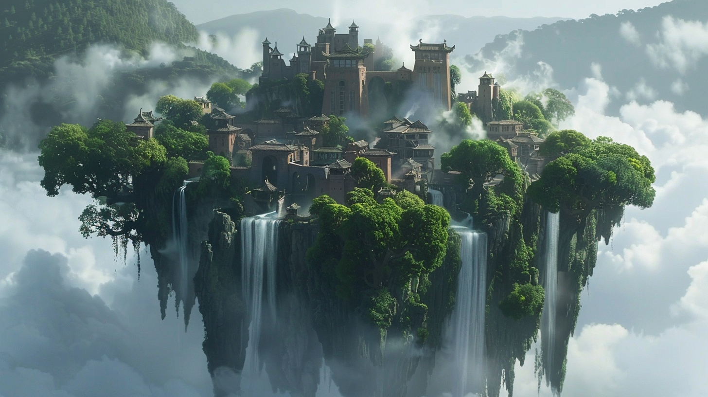 Magical tree city misty waterfall