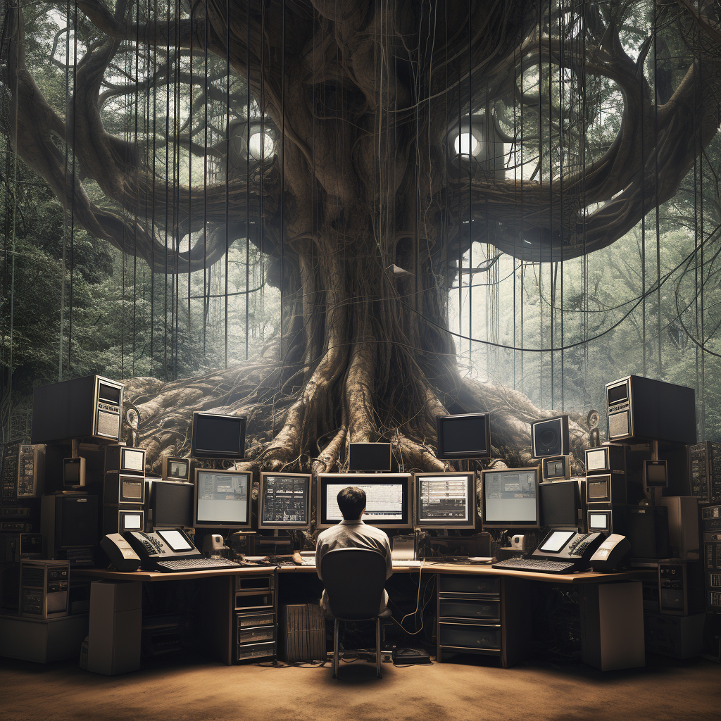 Giant tree surrounded by digital elements