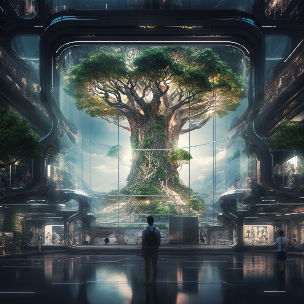 Futuristic city with giant tree and digital screens