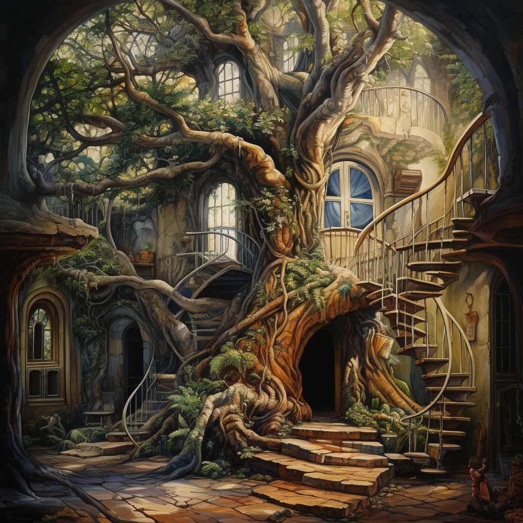 A mesmerizing giant tree with spiral staircase and enchanting windows