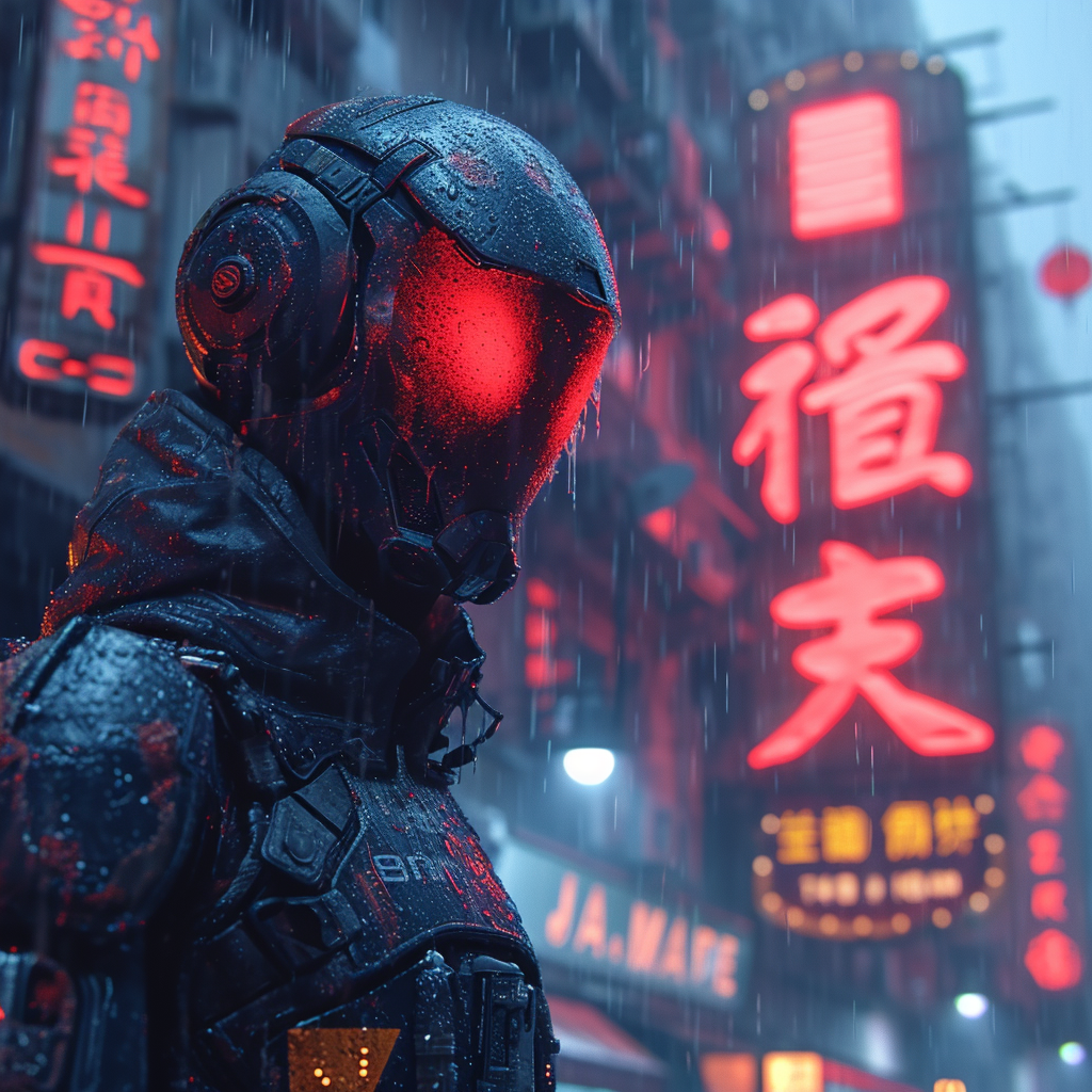 Giant Ultraman in Cyberpunk City at Night