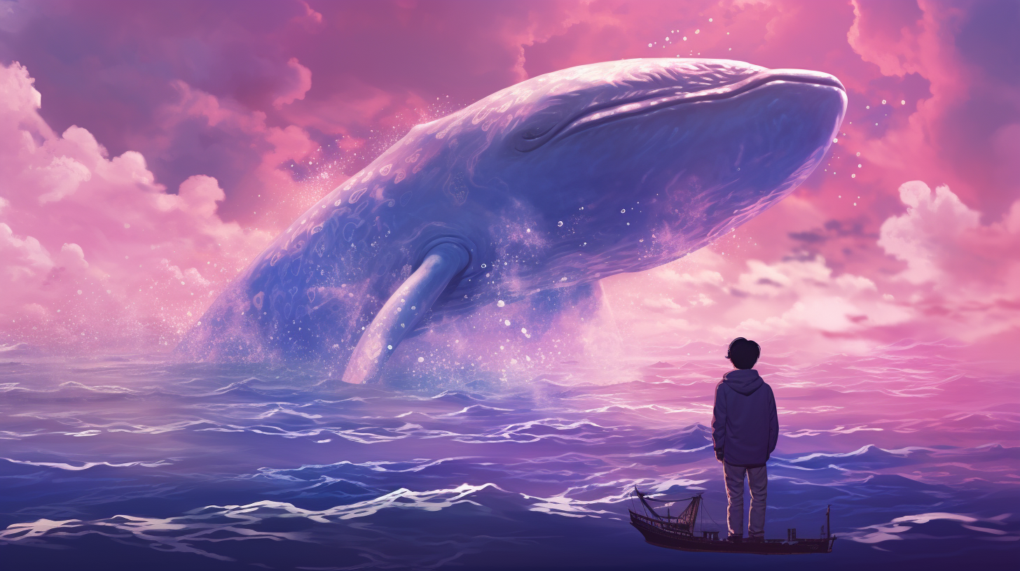 Giant whale in clouds with Korean boy