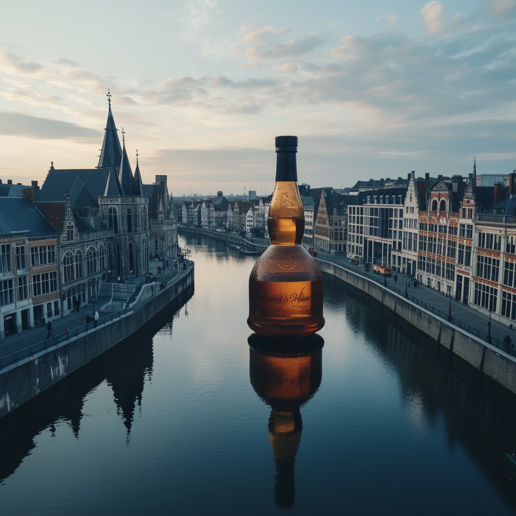 giant whiskey bottle on Graslei Ghent