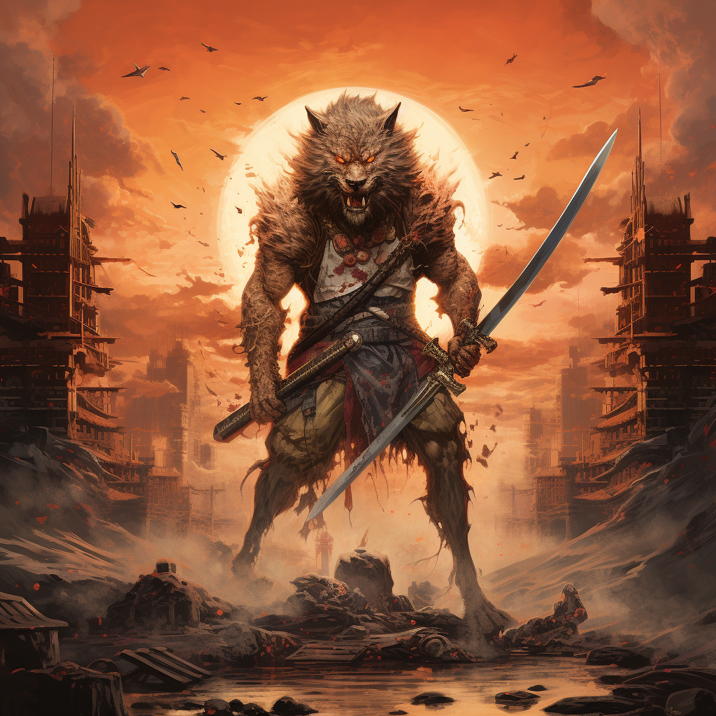 Majestic Giant Wolf Warrior with Fiery Katana