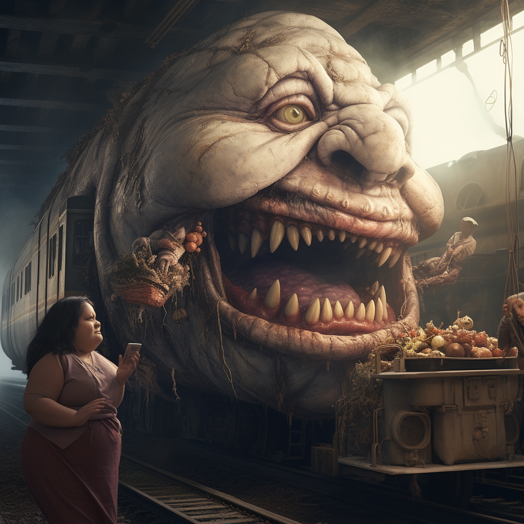 Wow! Giant woman devouring a train