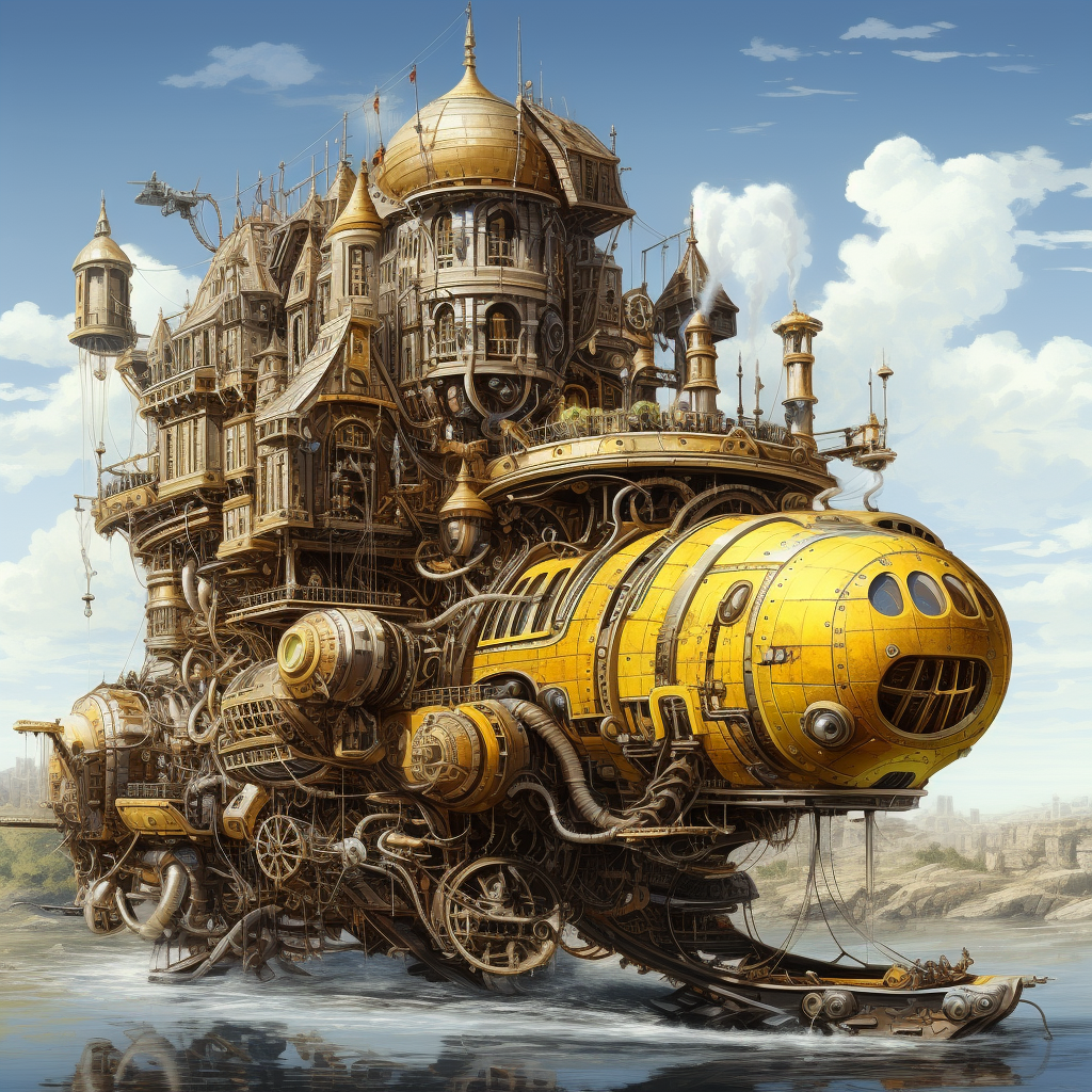 Yellow steampunk tank emitting pipes