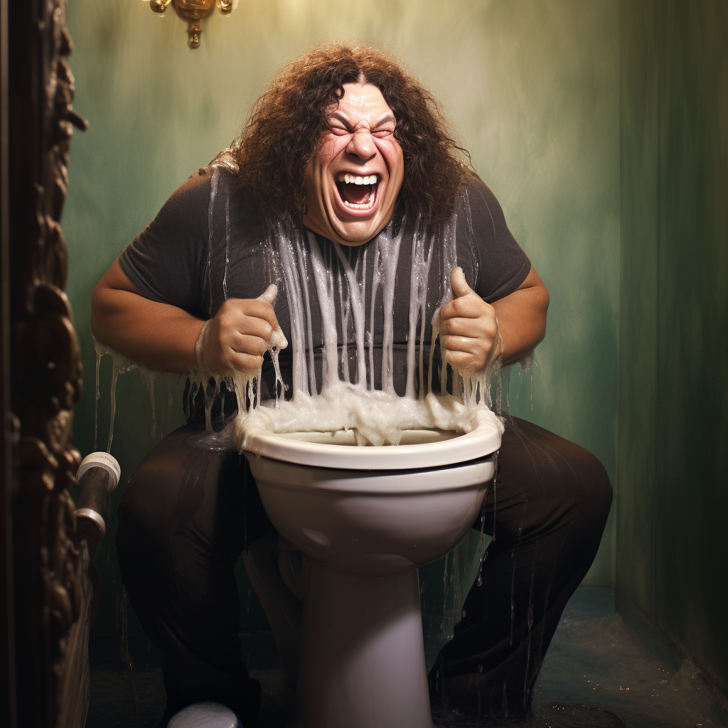 Andre the Giant laughing at a toilet