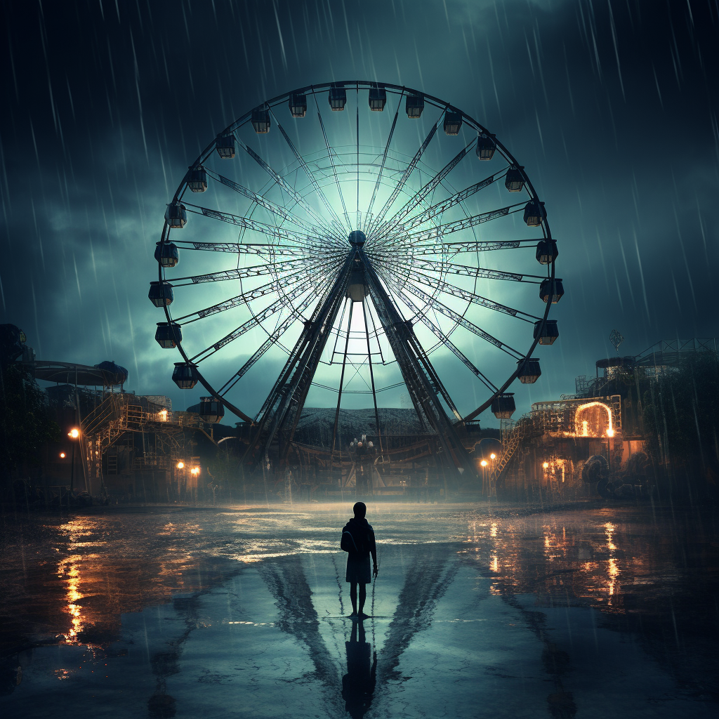 Giant wheel and swimming pool under rainy skies