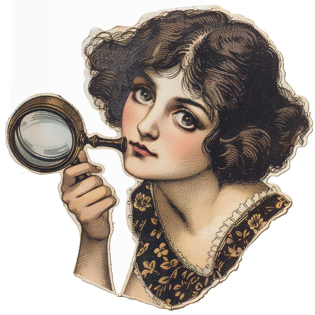 Gibson girl with magnifying glass