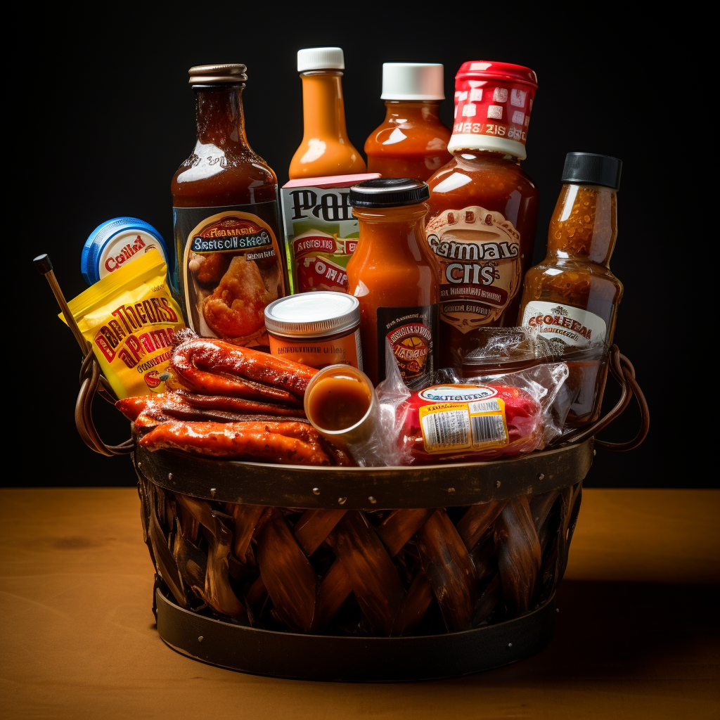 Tasty gift basket with barbecue sauces, jellies, and food products