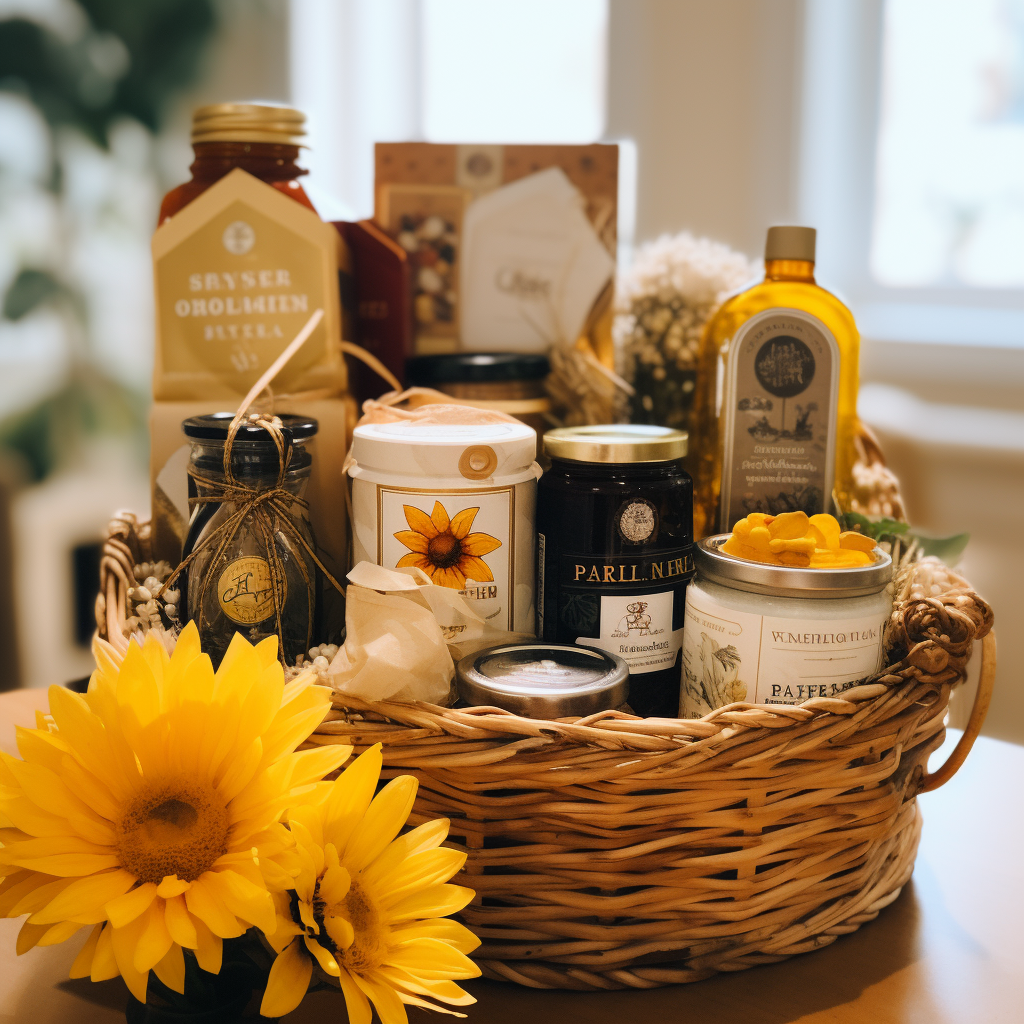 Assorted gift basket products on display