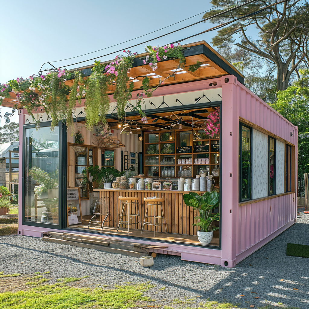 Small gift shop in a ship container with pink and white colors