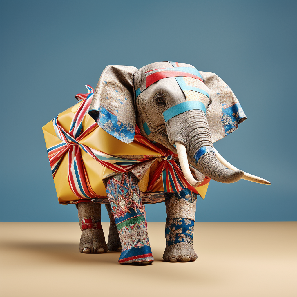 Elephant wrapped in gift wrap