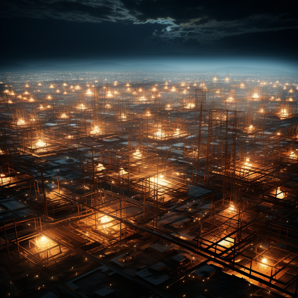 Aerial view of dense industrial lights grid