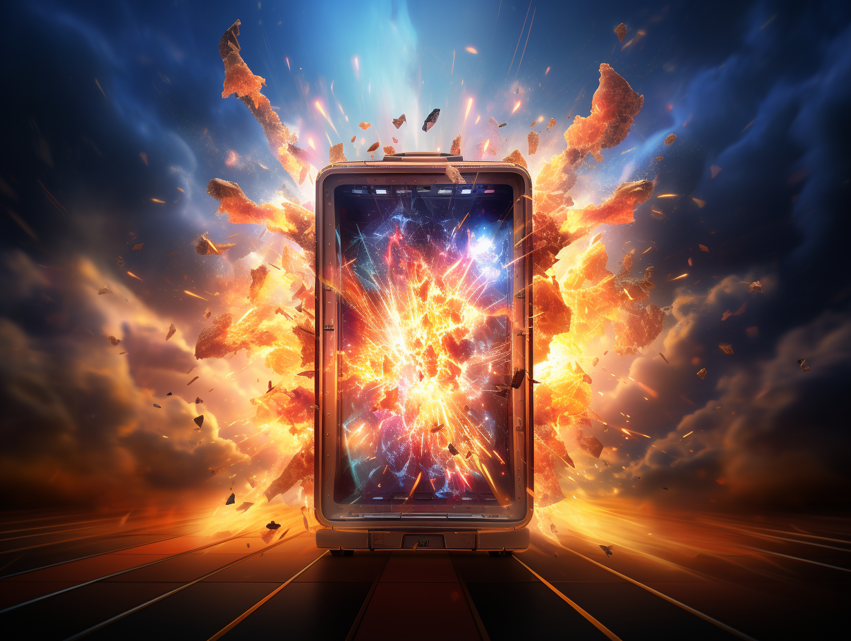 Gigantic iPhone 15 and Rimowa Suitcase in a magical explosion