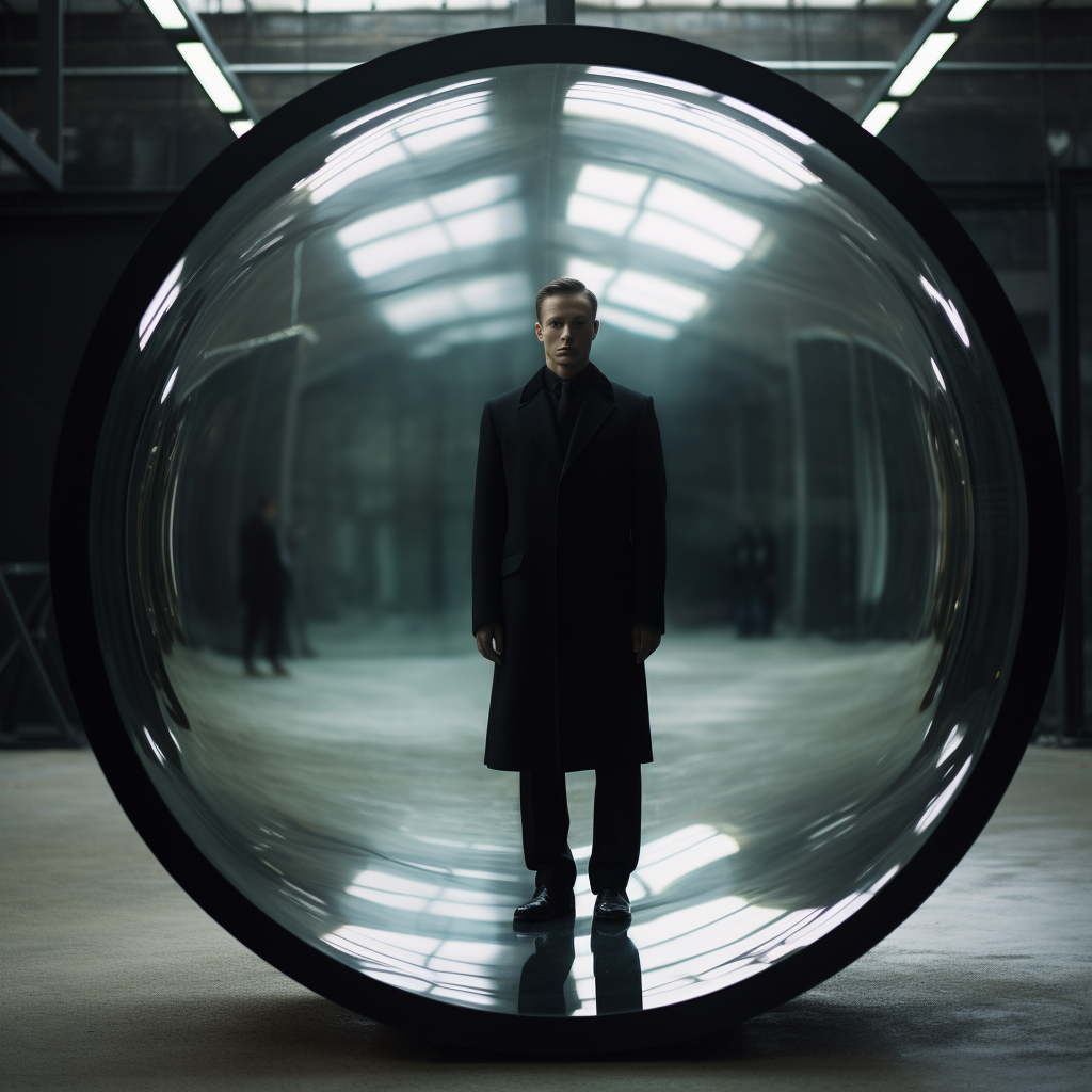 Man in black suit looking through a gigantic mirror