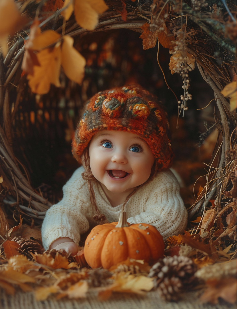 Baby wearing pumpkin hat crawling cornucopia