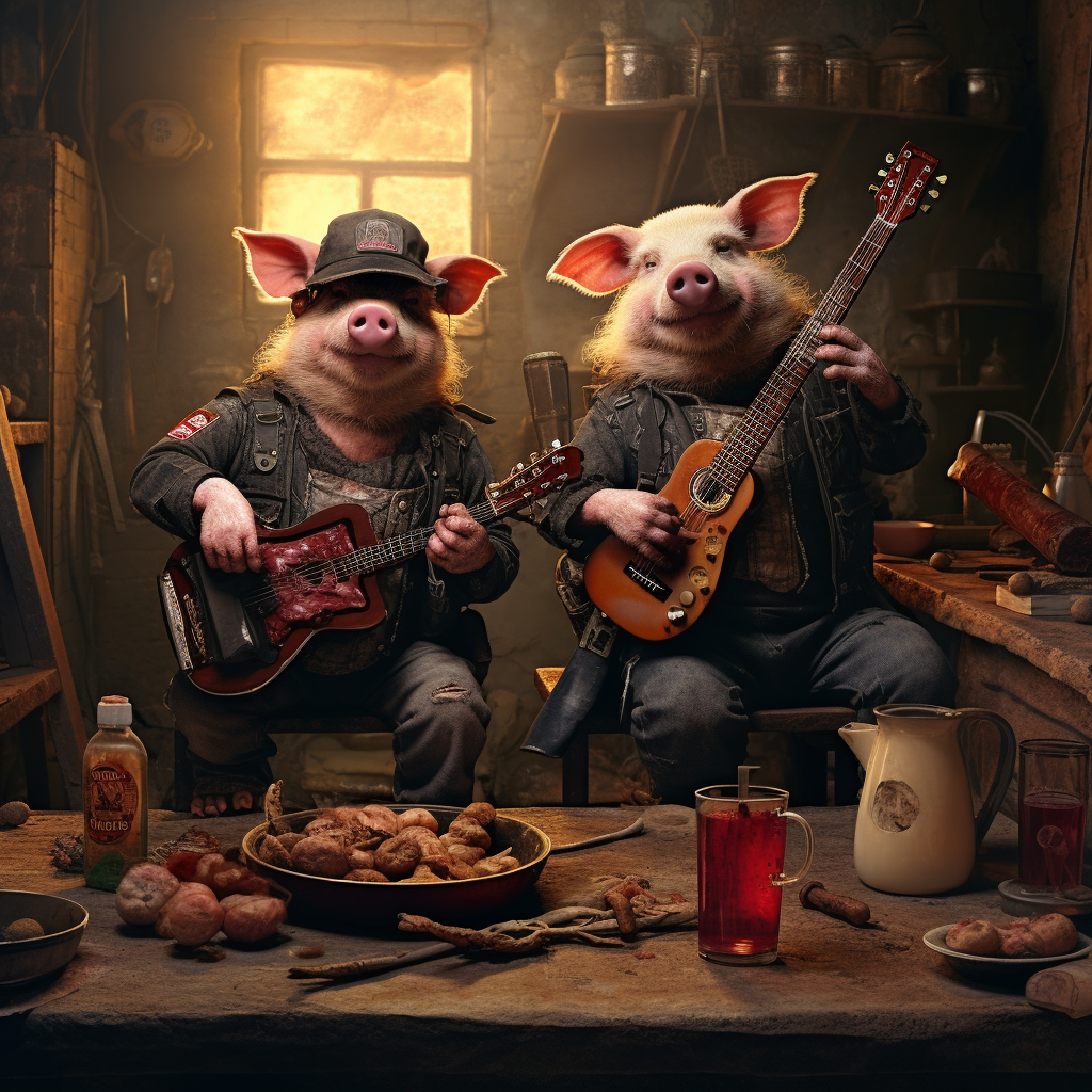 Two giggling cyberpunk pigs rocking an electric guitar