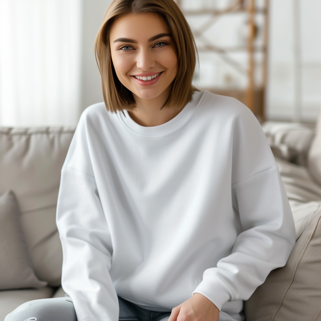 Woman in Gildan 18000 white blank sweatshirt