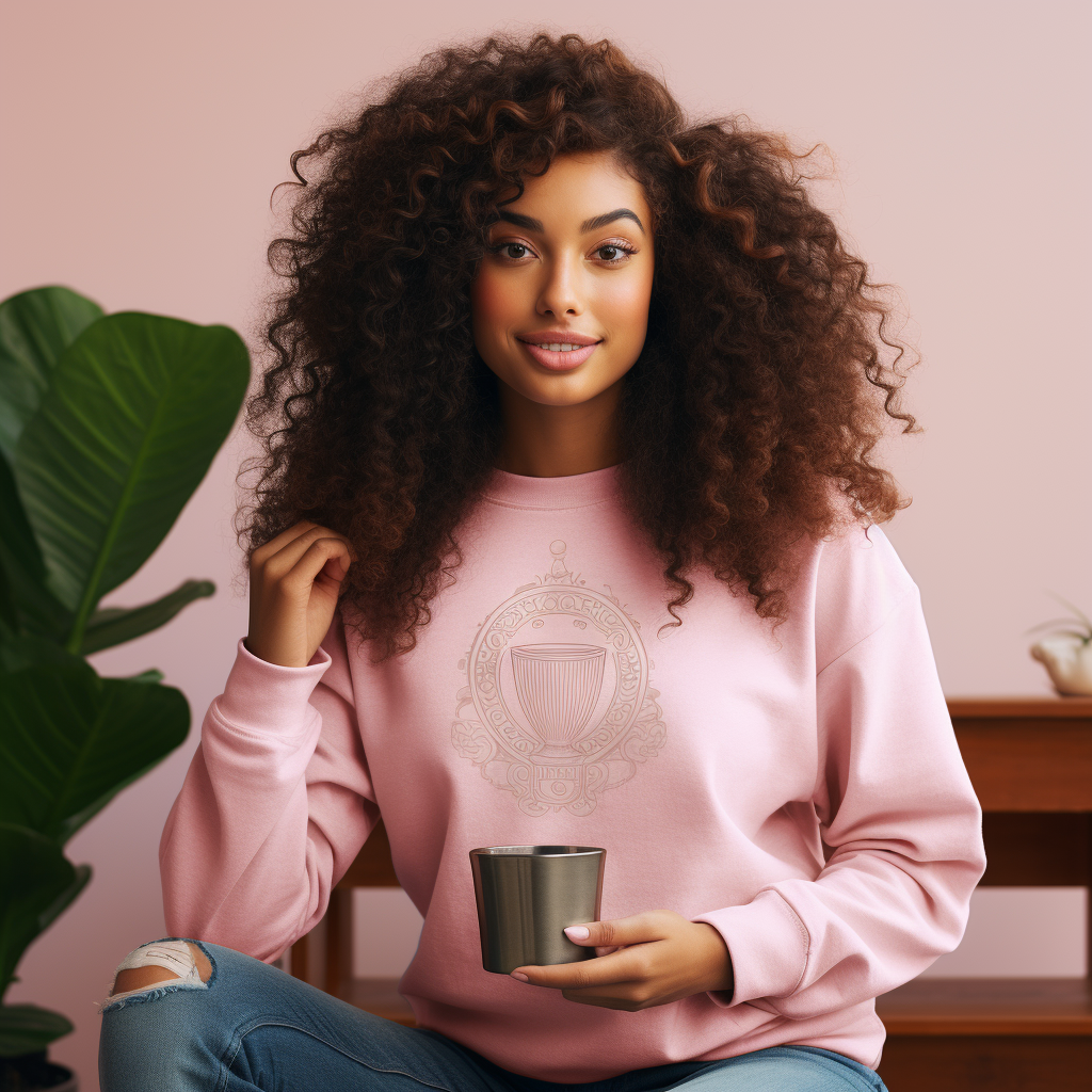 African American woman wearing pink sweatshirt with curly hair and pink stanley cup