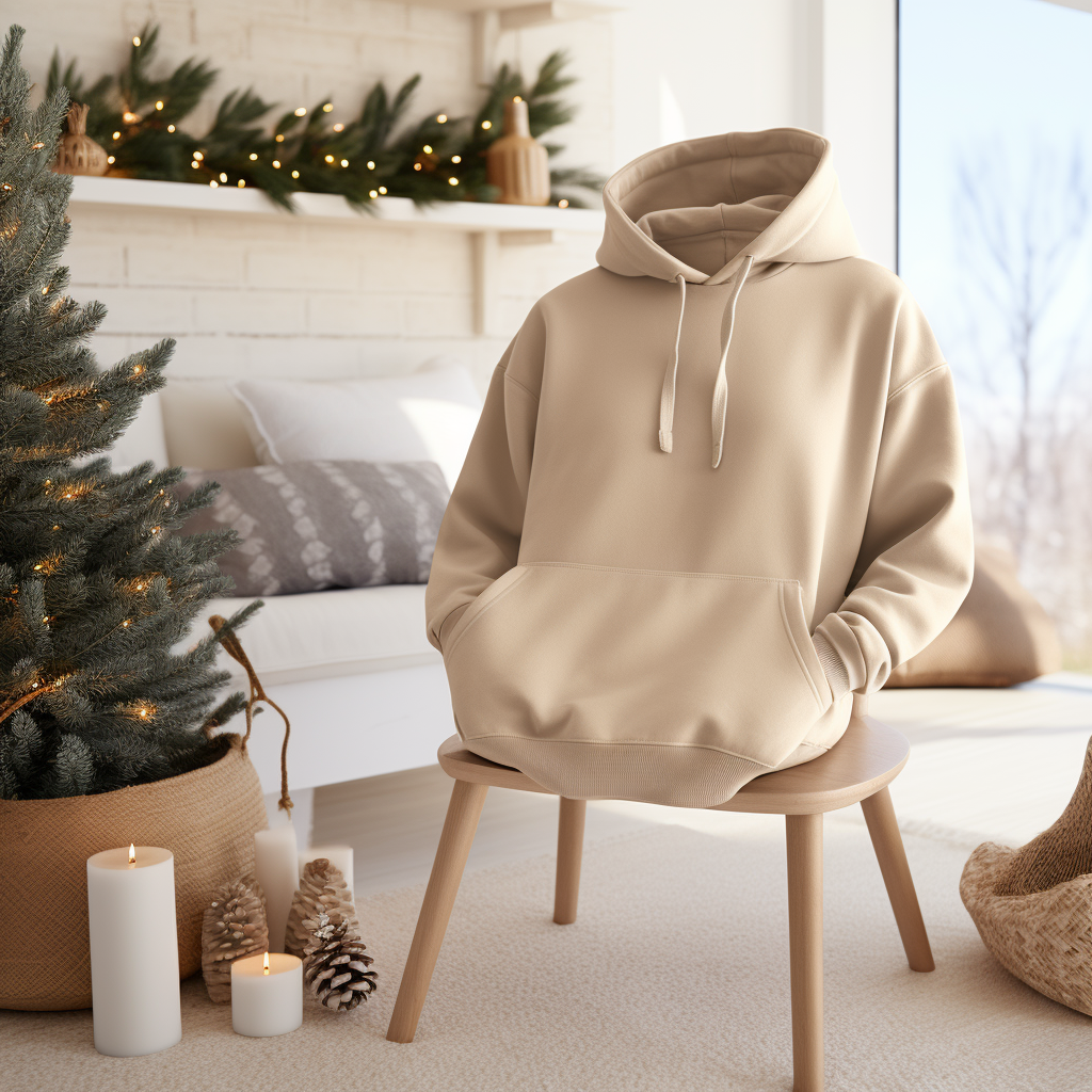 Mockup of sand-coloured Gildan hoodie in bedroom with Christmas decorations