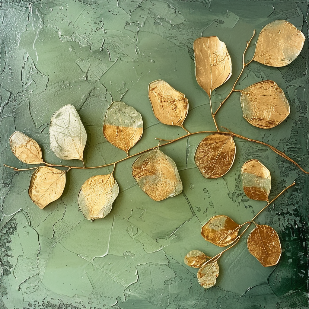 Gilded Embossed Eucalyptus Leaves on Green Background