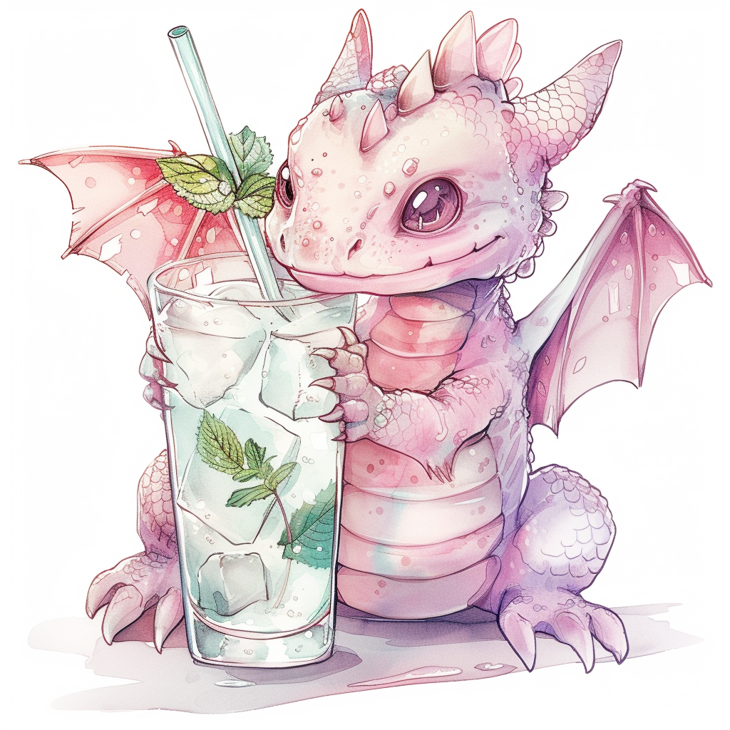 Cute dragon with gin tonic cocktail