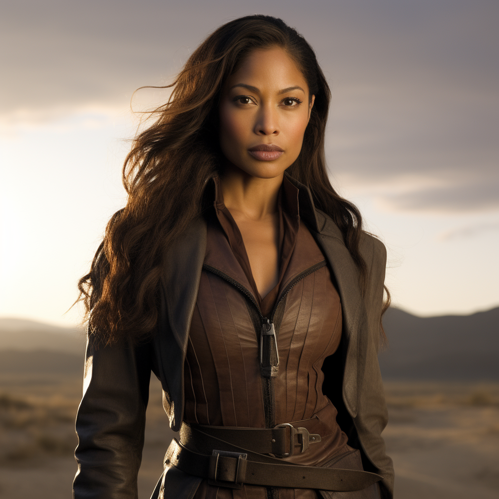 Gina Torres wearing a brown duster coat in a desert landscape