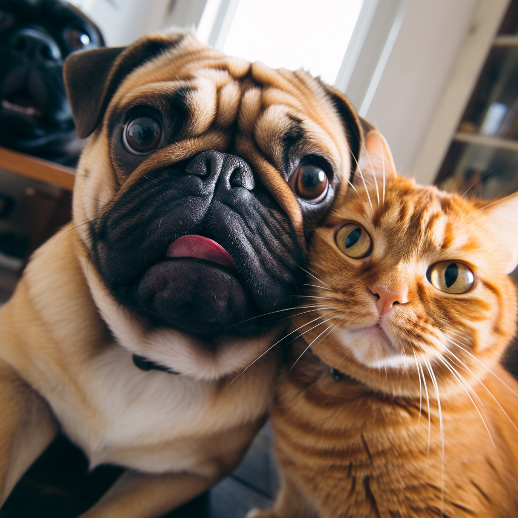 Ginger cat taking selfie with pug dog