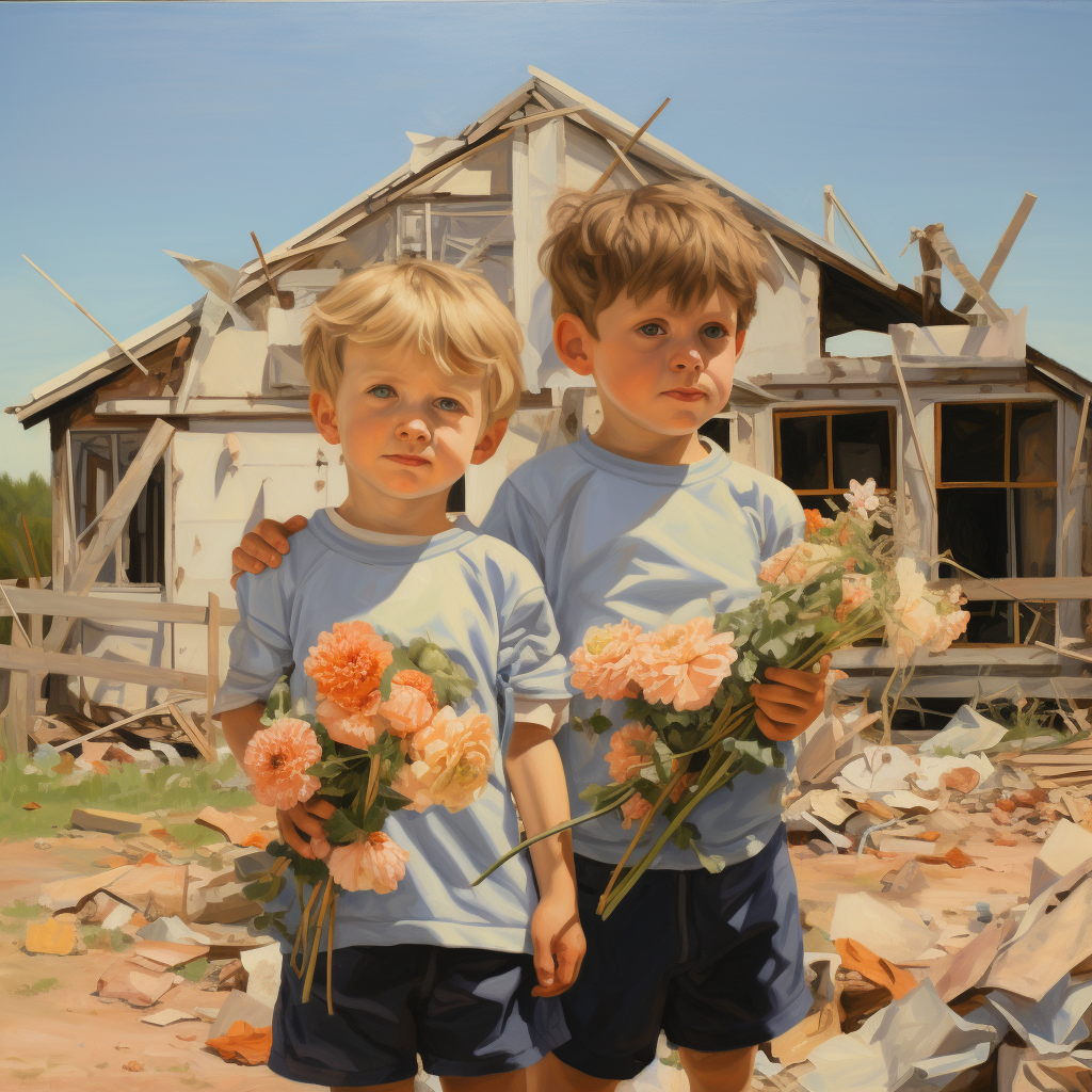 Two ginger-haired boys hugging in front of destroyed houses