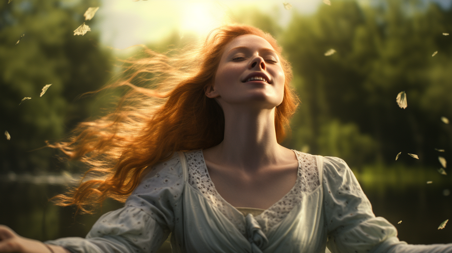 Ginger woman in white dress emerging from pond