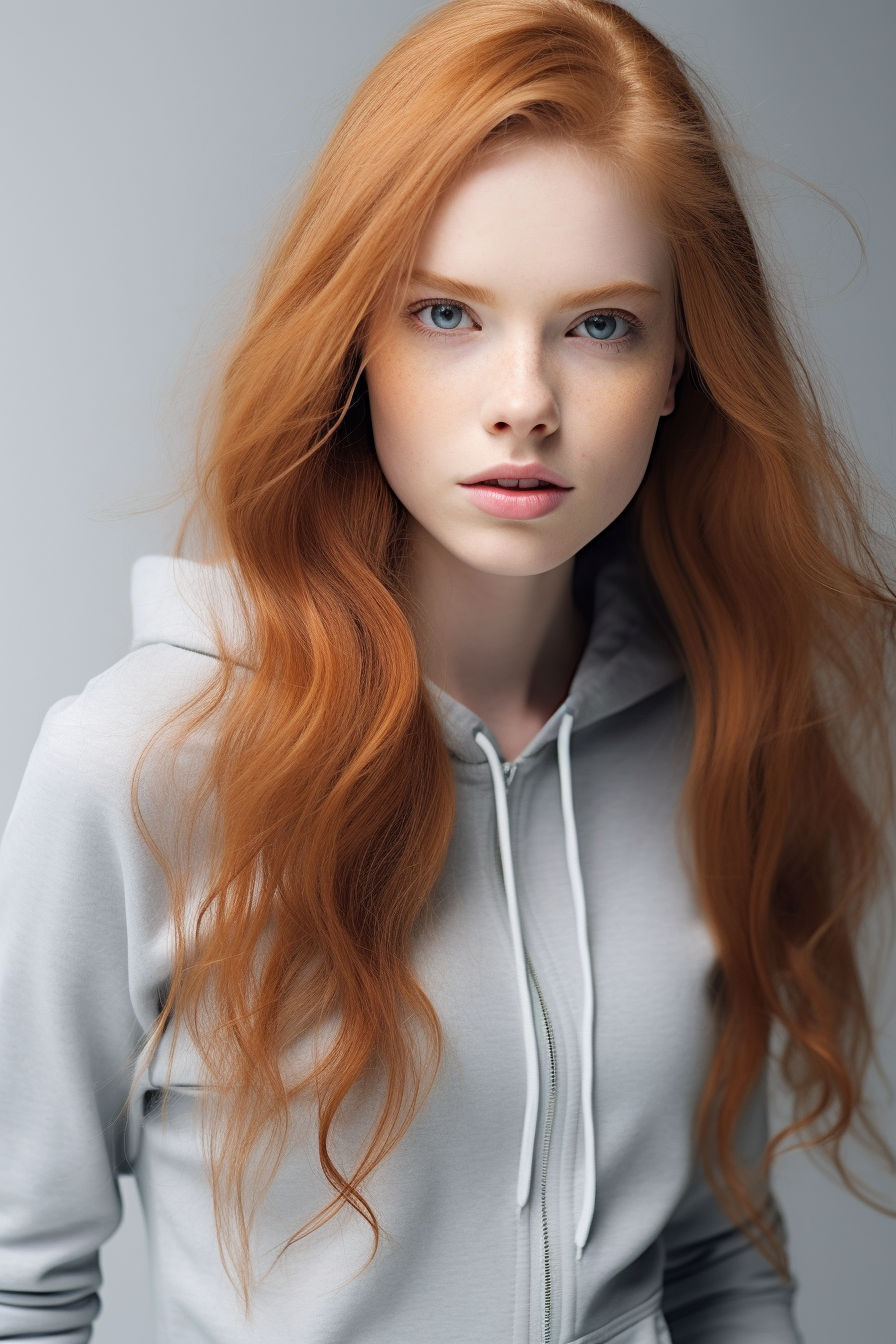 Ginger woman in sporty outfit against grey background