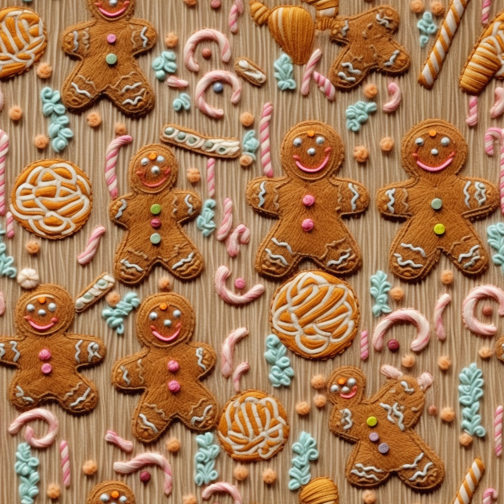 Detailed gingerbread embroidery on textured fabric