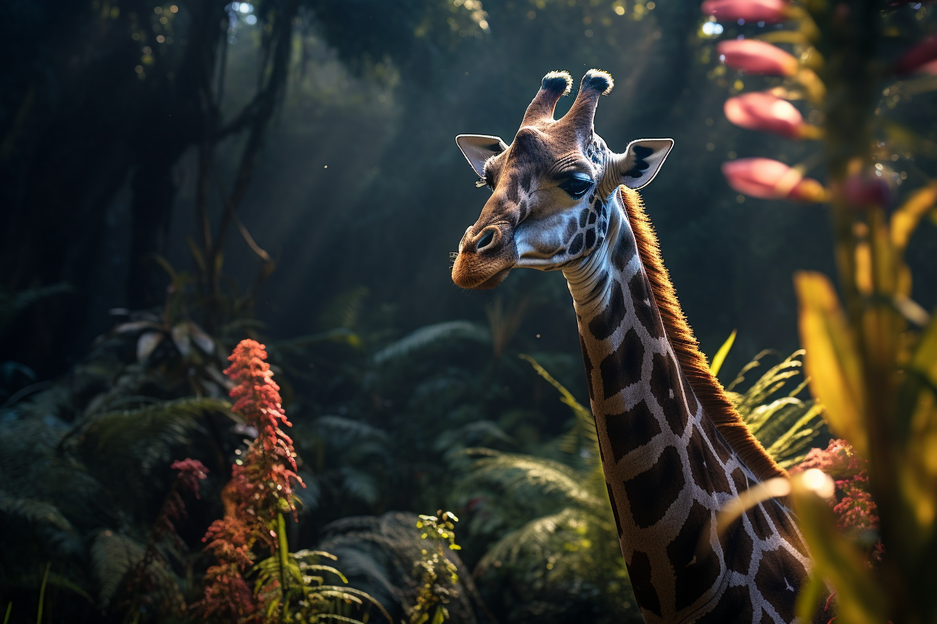 Giraffe in Bromeliad Forest under Cinematic Blue Lighting