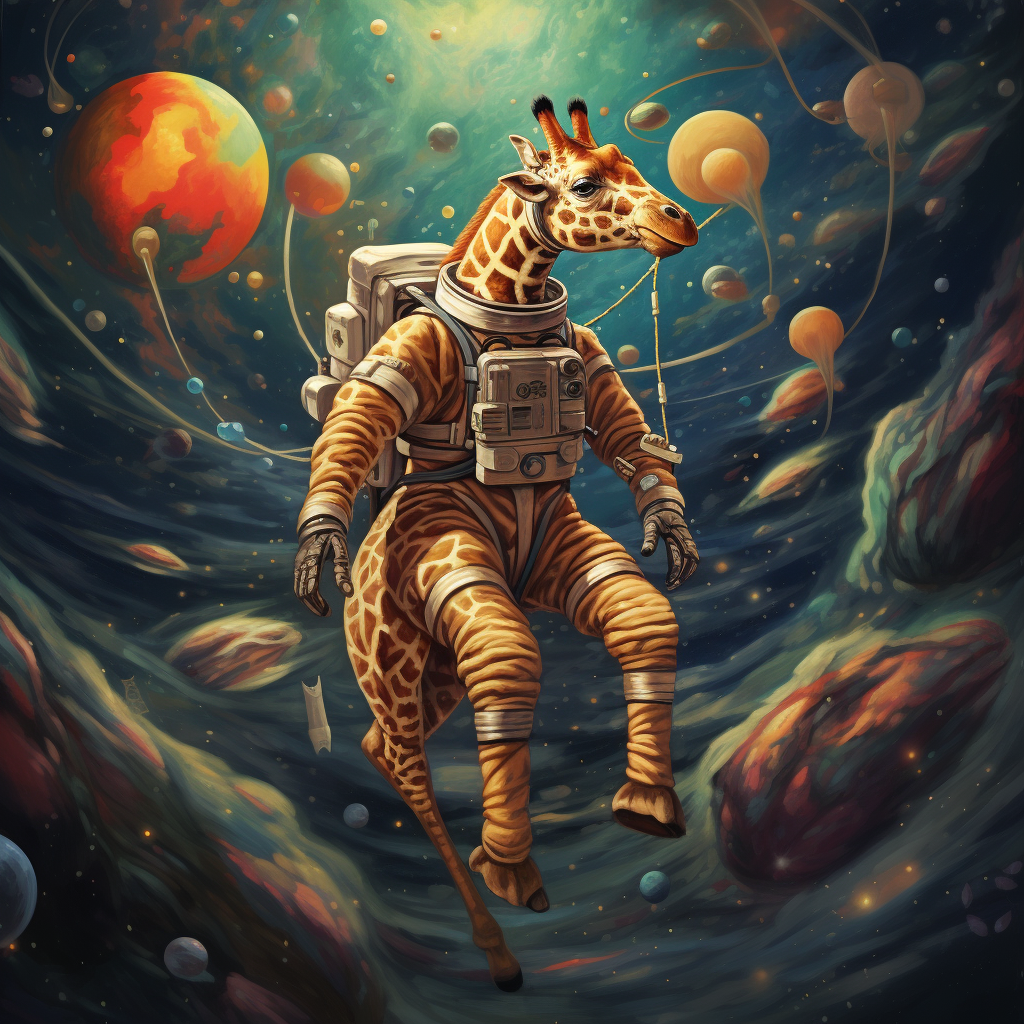 Giraffe and Elephant doing cartwheels in outer space