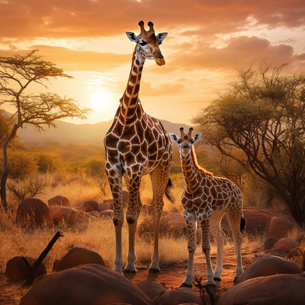 Beautiful Giraffe Mother with Calf