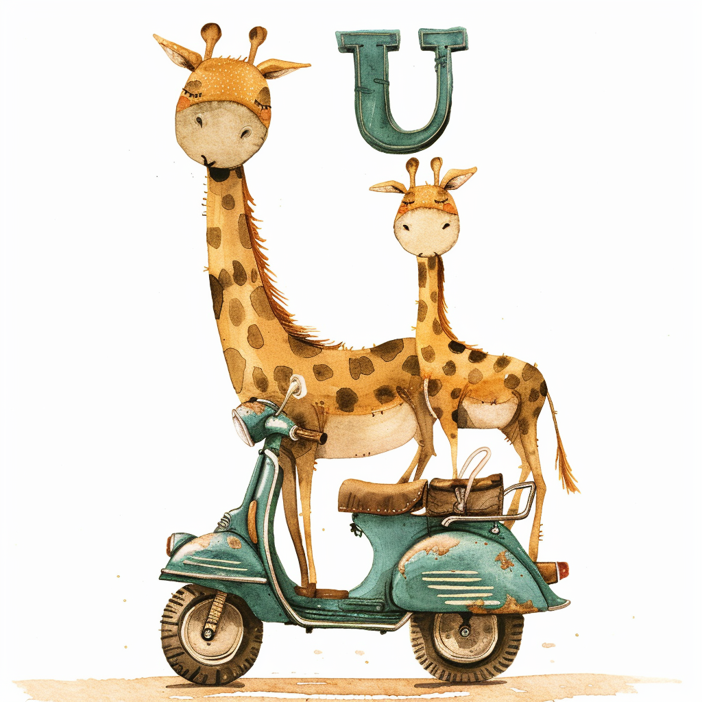 Two giraffes riding motorcycle holding U