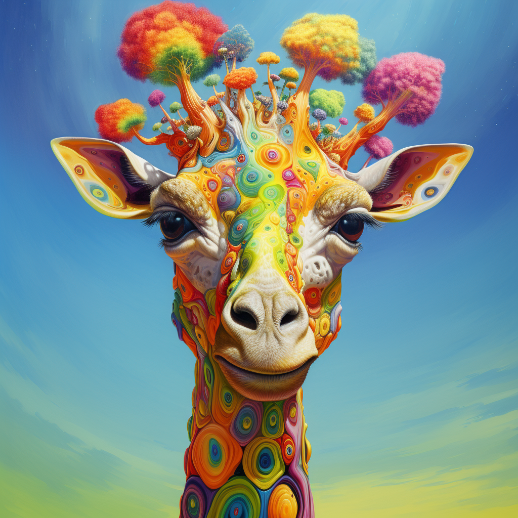 Colorful giraffe with mushrooms on its head