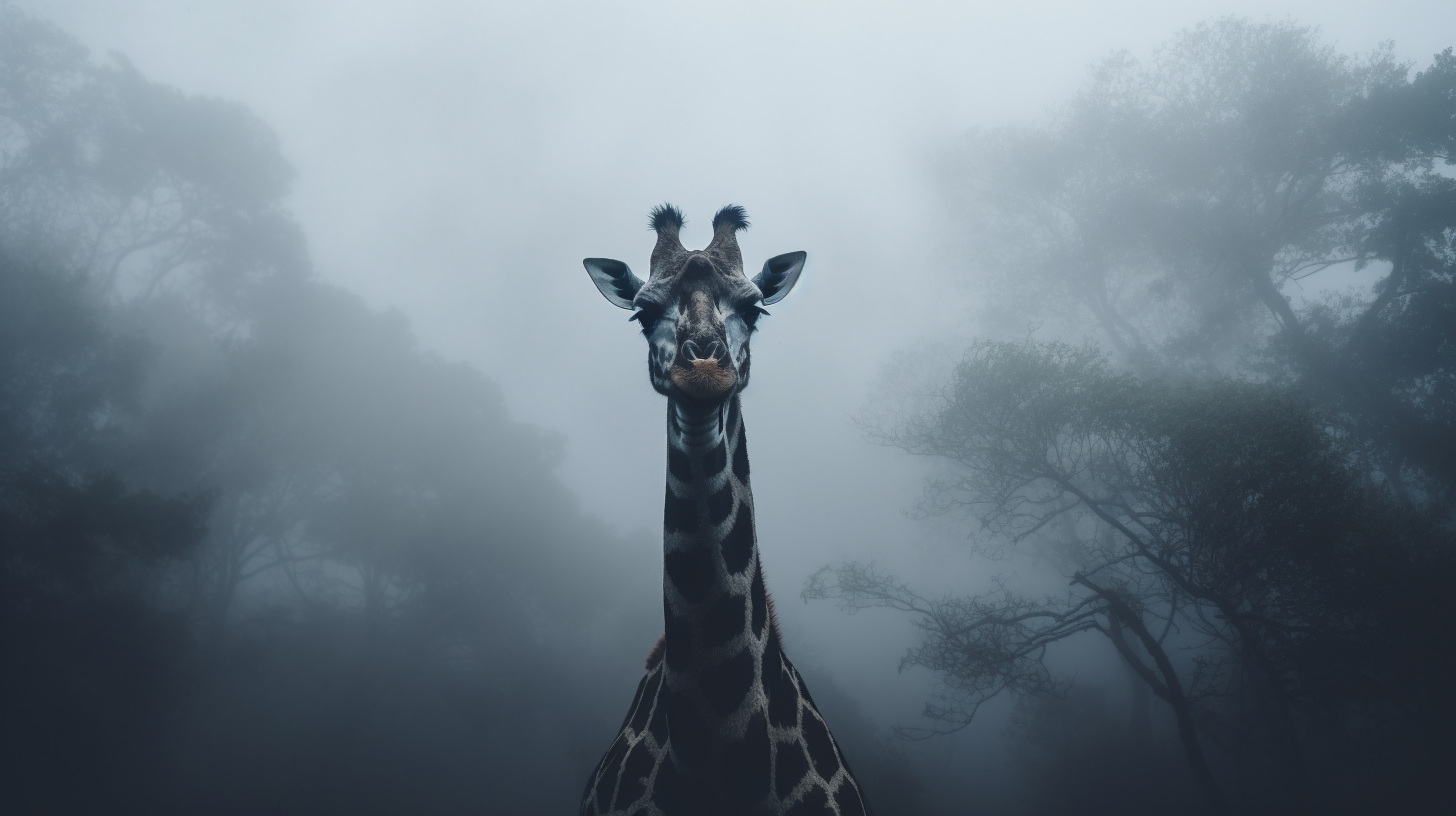 Mysterious giraffe emerging from fog