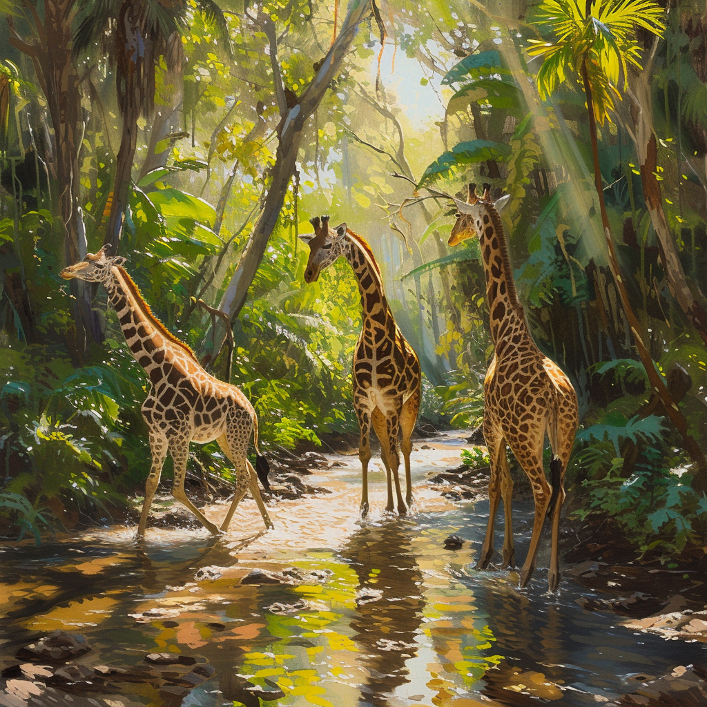 Giraffes in African Forest Stream