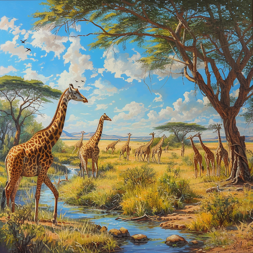 realistic oil painting illustration of giraffes in savanna