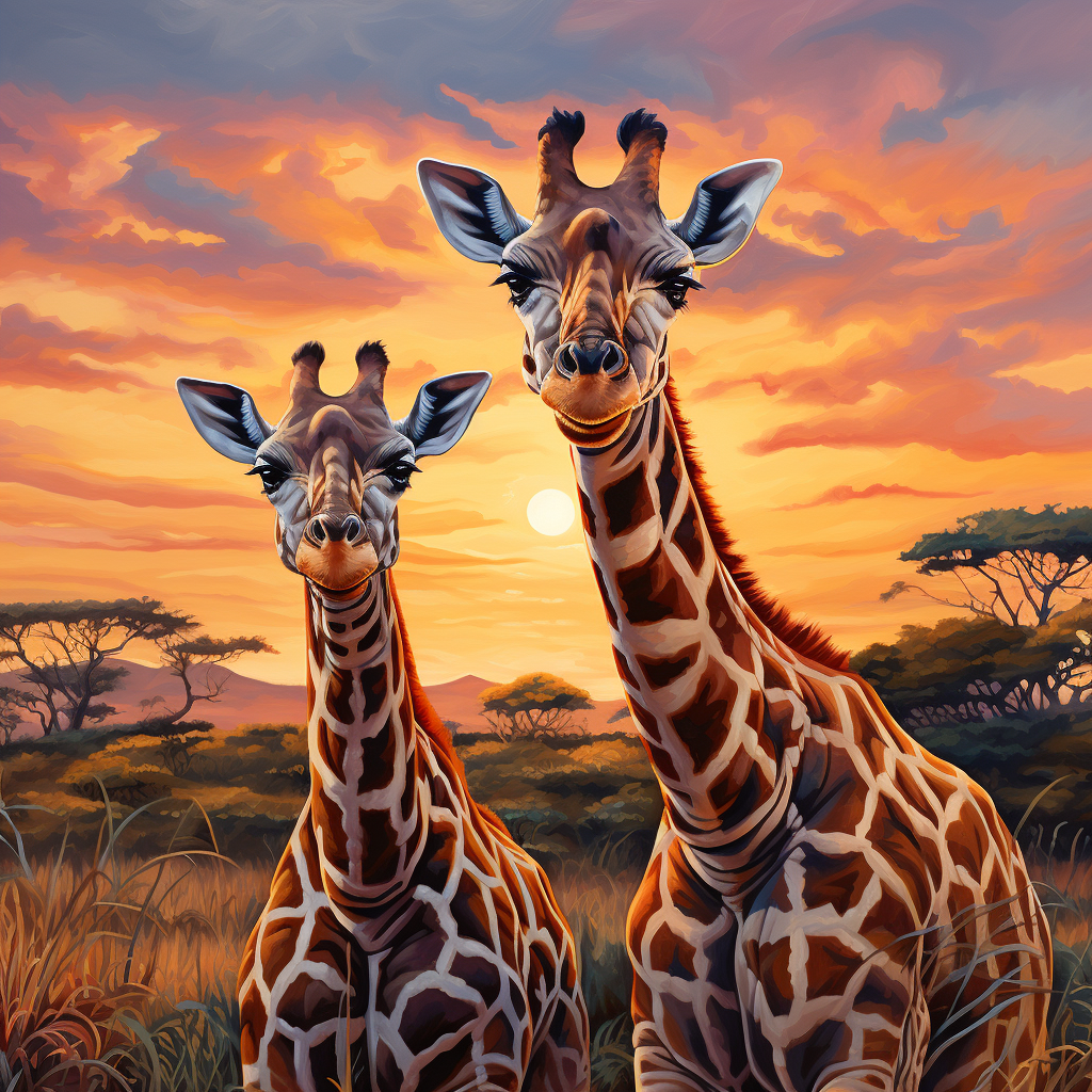 Giraffes in African Savanna at Dusk